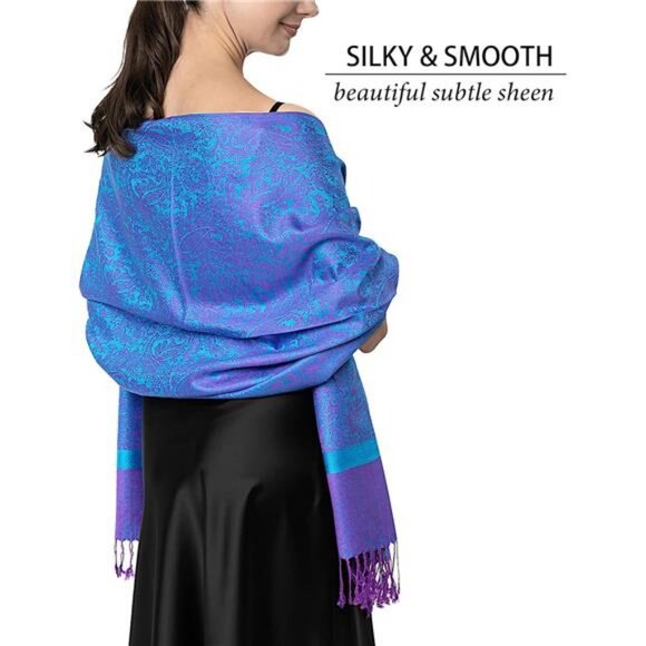 Two-Tone  Paisley Pashmina Scarf – Lightweight Blue Pink - Picture 3 of 6